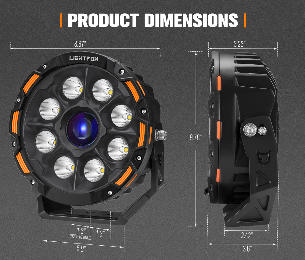 Lightfox 9inch Laser LED Driving Lights 1Lux@6,356ft IP68 19,478LM